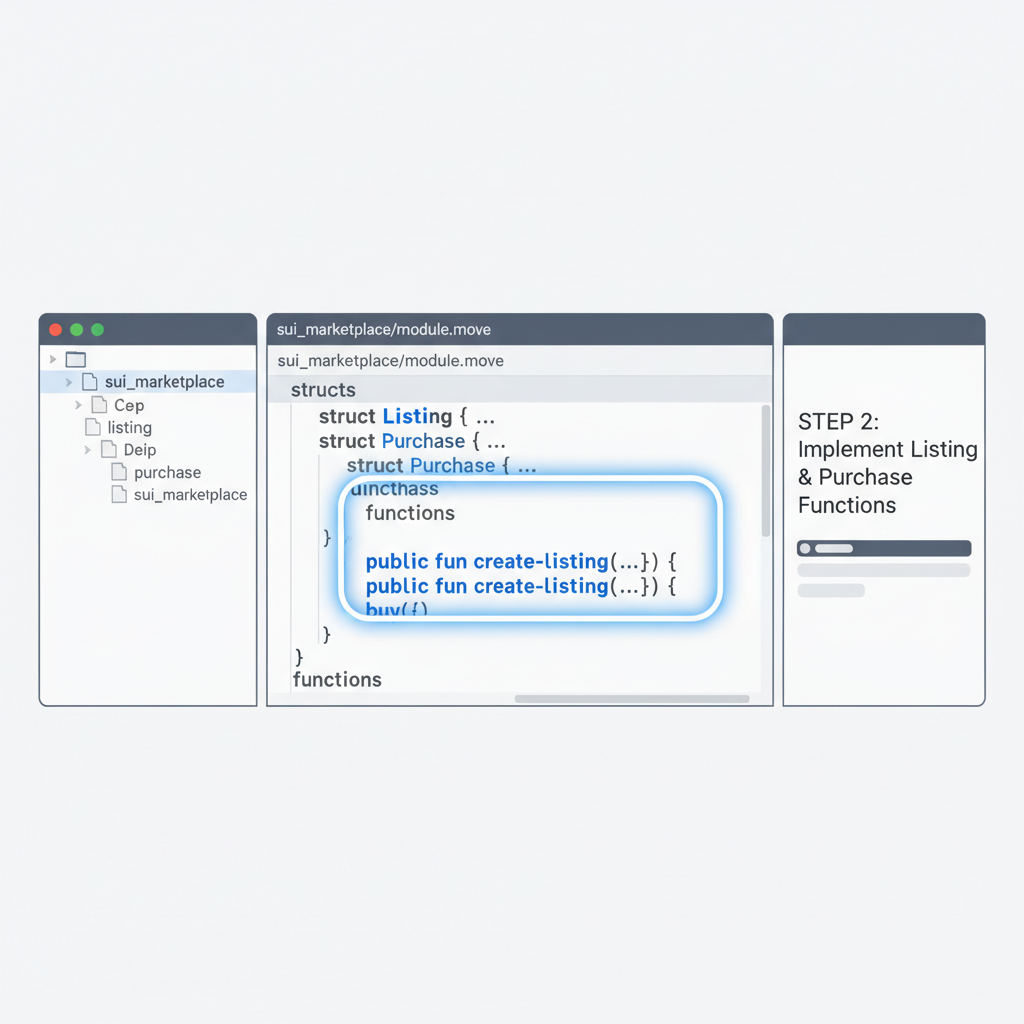 move code editor sui marketplace module object structs listing purchase functions highlighted