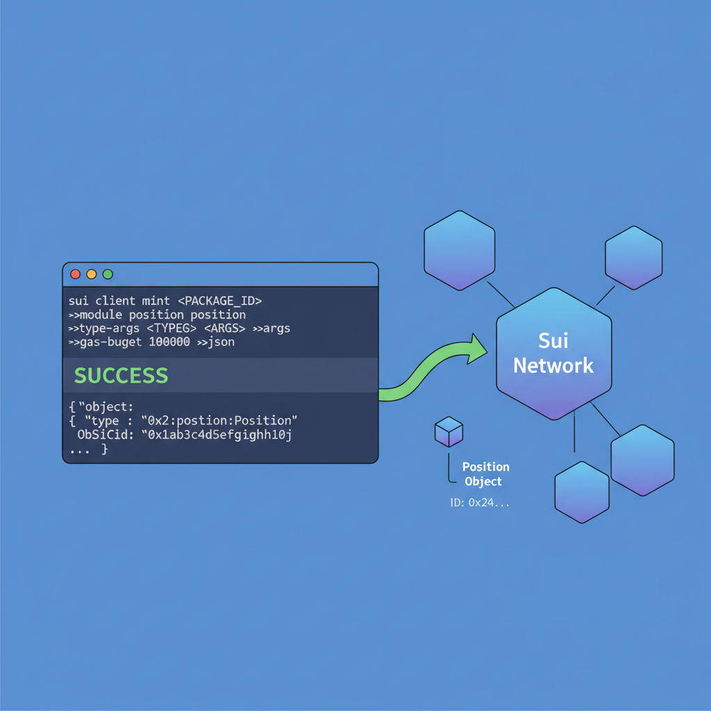 Sui CLI terminal minting Position object, success output with object ID, blockchain network visualization