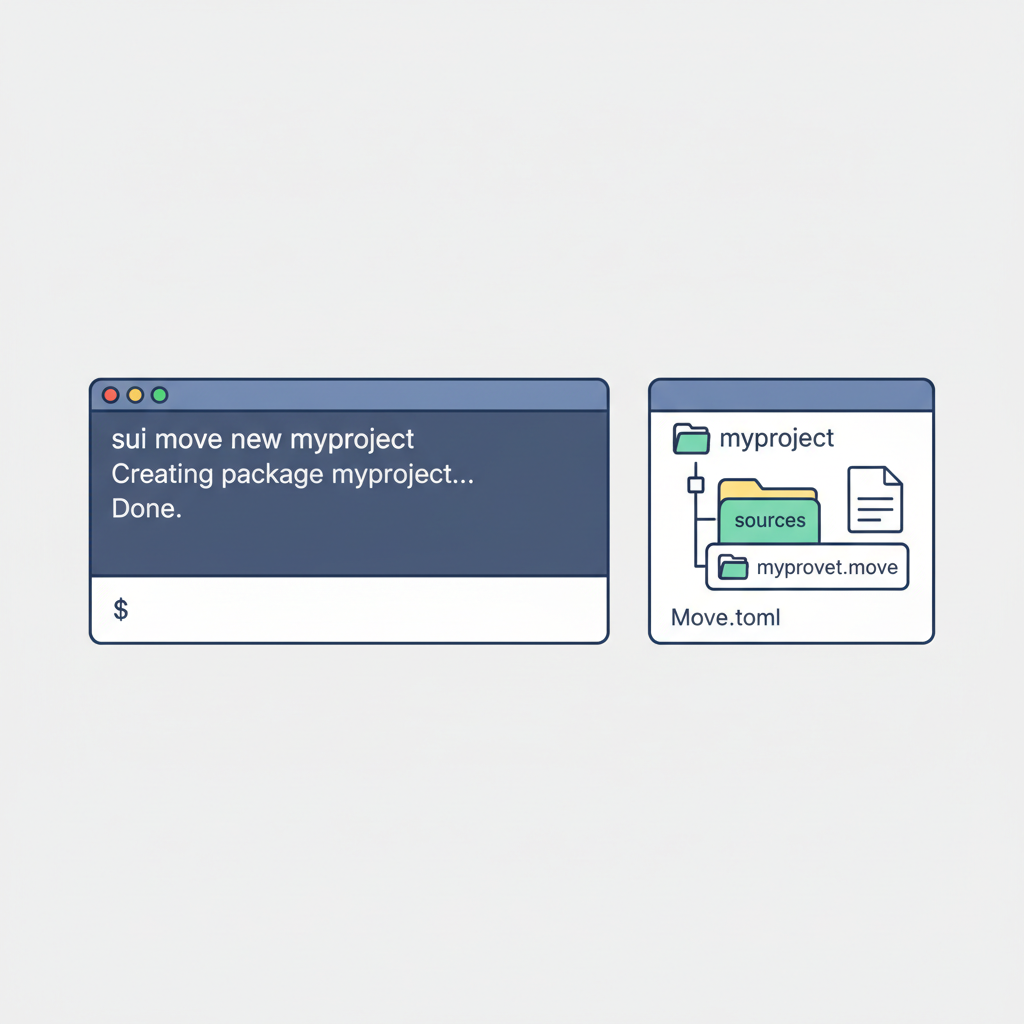 Sui Move package initialization in terminal, folder structure visible