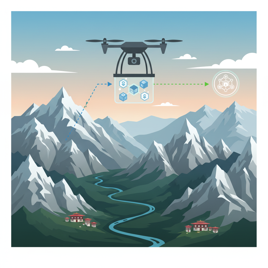 drone flying over Bhutan peaks carrying data payload, blockchain icons, aerial rugged landscape