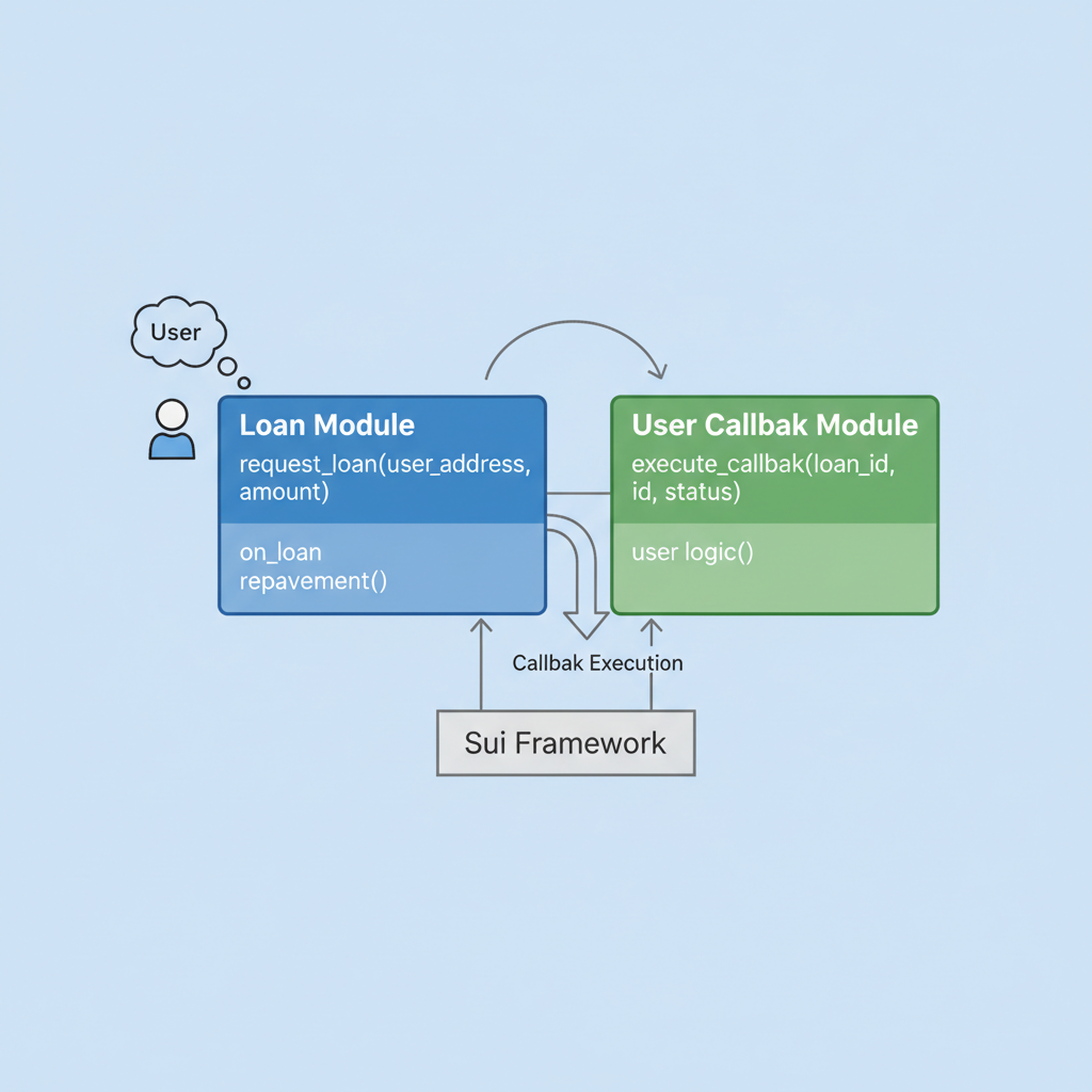 Sui Move user callback module code, arrow from loan to callback execution, modular design illustration