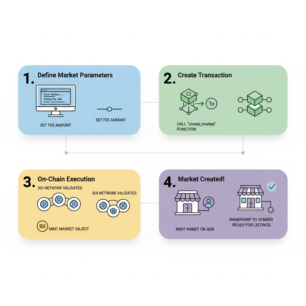 Sui Move create_market function code snippet, market creation flowchart, futuristic UI mockup
