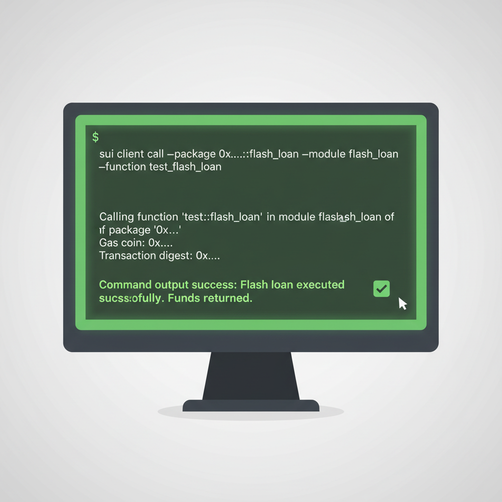 Sui CLI terminal testing flash loan, command output success, green terminal theme
