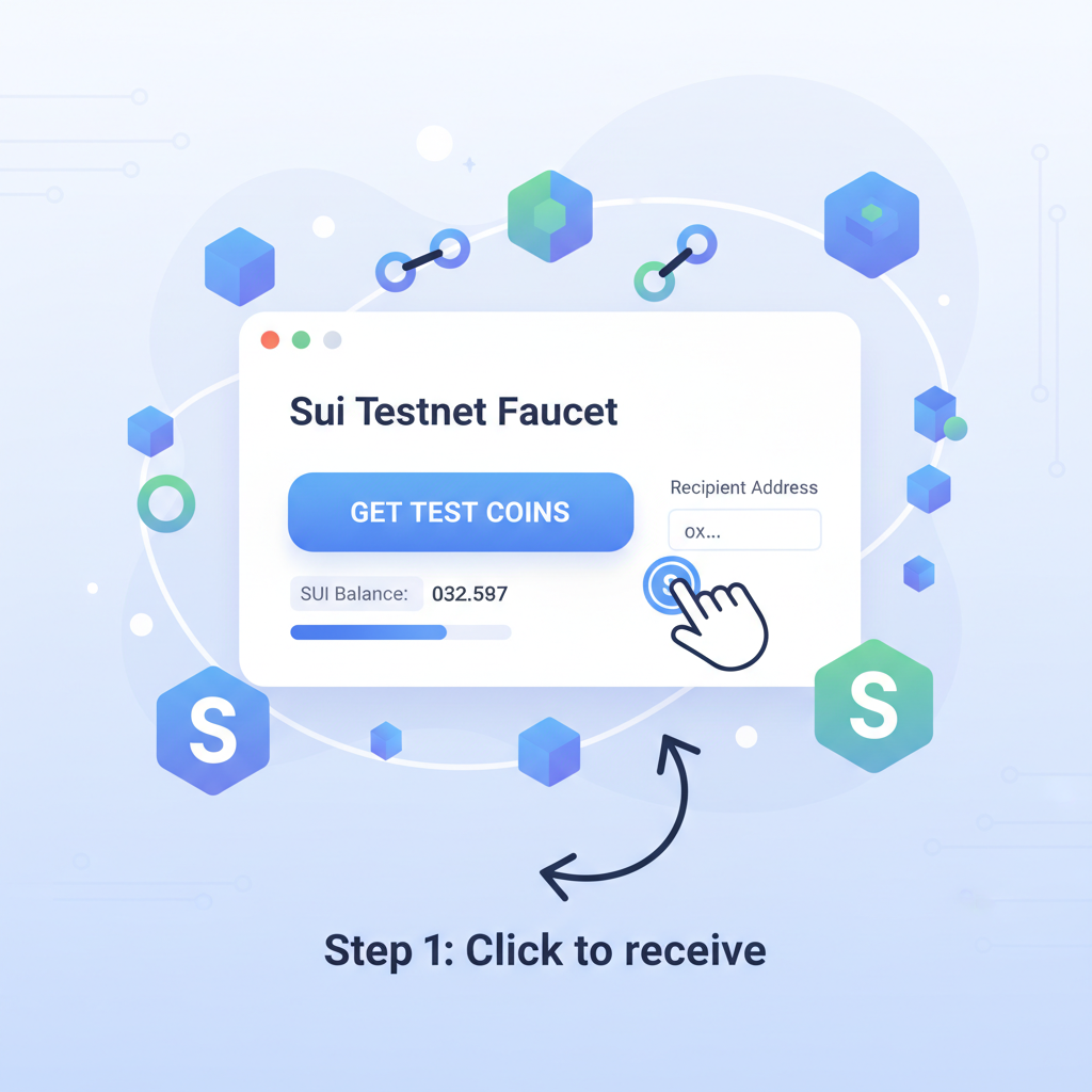 Sui faucet interface dispensing testnet coins, blockchain objects floating